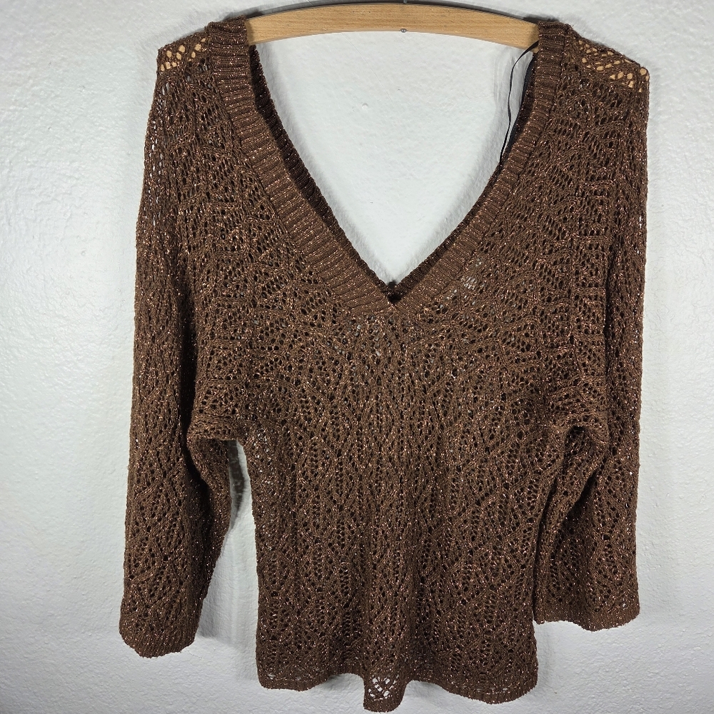 Knit Avenue Vintage Brown Sz S‎ Metalic Open Knit V-neck 3/4 Sleeves Top Blouse